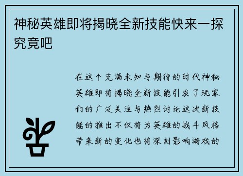神秘英雄即将揭晓全新技能快来一探究竟吧