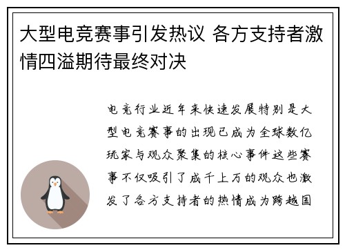 大型电竞赛事引发热议 各方支持者激情四溢期待最终对决