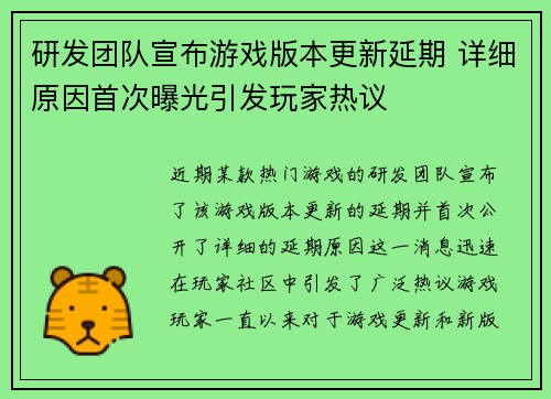 研发团队宣布游戏版本更新延期 详细原因首次曝光引发玩家热议