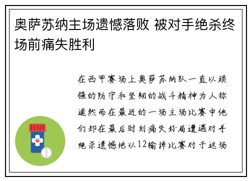 奥萨苏纳主场遗憾落败 被对手绝杀终场前痛失胜利