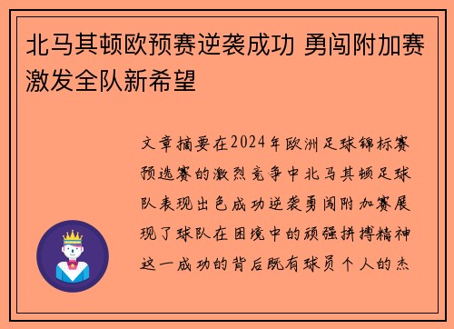 北马其顿欧预赛逆袭成功 勇闯附加赛激发全队新希望