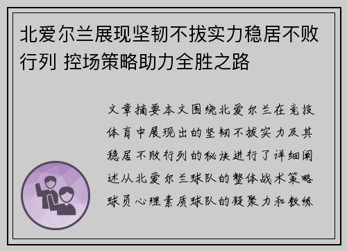 北爱尔兰展现坚韧不拔实力稳居不败行列 控场策略助力全胜之路