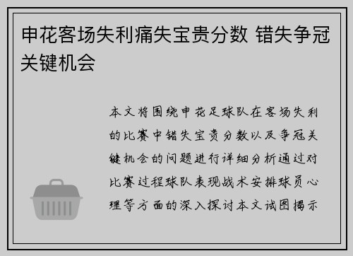 申花客场失利痛失宝贵分数 错失争冠关键机会