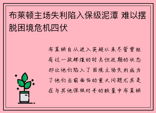 布莱顿主场失利陷入保级泥潭 难以摆脱困境危机四伏