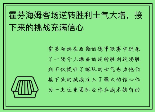 霍芬海姆客场逆转胜利士气大增，接下来的挑战充满信心