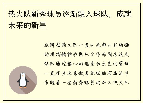 热火队新秀球员逐渐融入球队，成就未来的新星