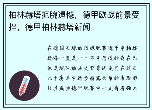 柏林赫塔扼腕遗憾,德甲欧战前景受挫,德甲柏林赫塔新闻