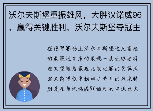 沃尔夫斯堡重振雄风,大胜汉诺威96,赢得关键胜利,沃尔夫斯堡夺冠主力
