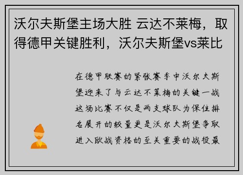 沃尔夫斯堡主场大胜 云达不莱梅,取得德甲关键胜利,沃尔夫斯堡vs莱比锡红牛直播
