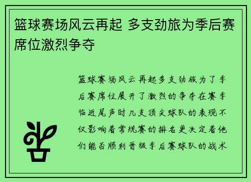 篮球赛场风云再起 多支劲旅为季后赛席位激烈争夺