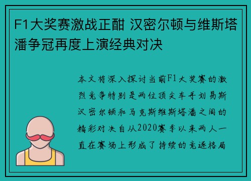 F1大奖赛激战正酣 汉密尔顿与维斯塔潘争冠再度上演经典对决