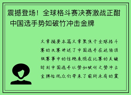 震撼登场!全球格斗赛决赛激战正酣 中国选手势如破竹冲击金牌