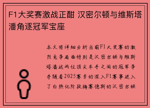 F1大奖赛激战正酣 汉密尔顿与维斯塔潘角逐冠军宝座