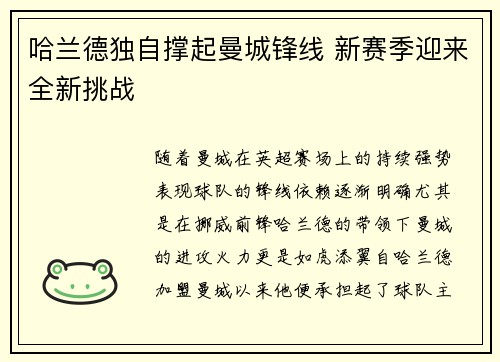 哈兰德独自撑起曼城锋线 新赛季迎来全新挑战